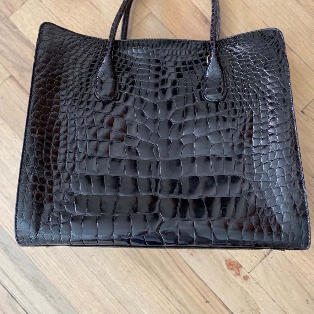 Black shiny Alligator tote style handbag. Never worn.
